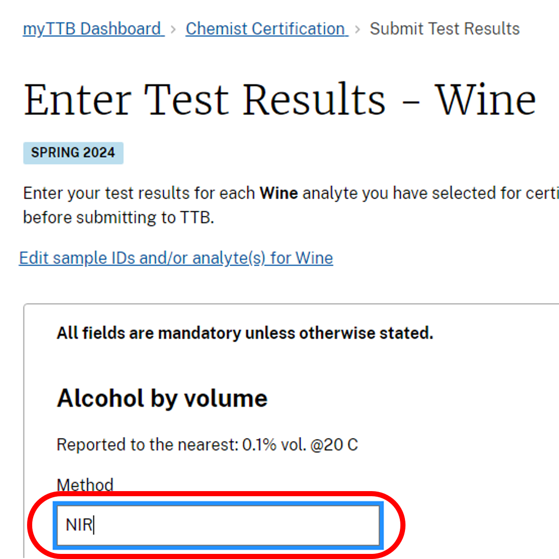 enter test results wine method