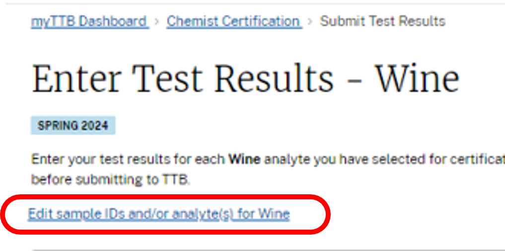 Enter test results wine