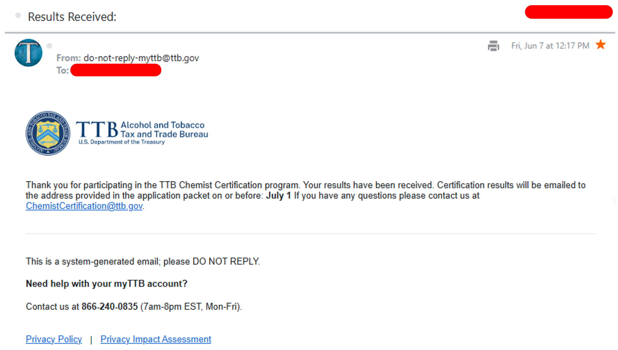 Email confirmation results