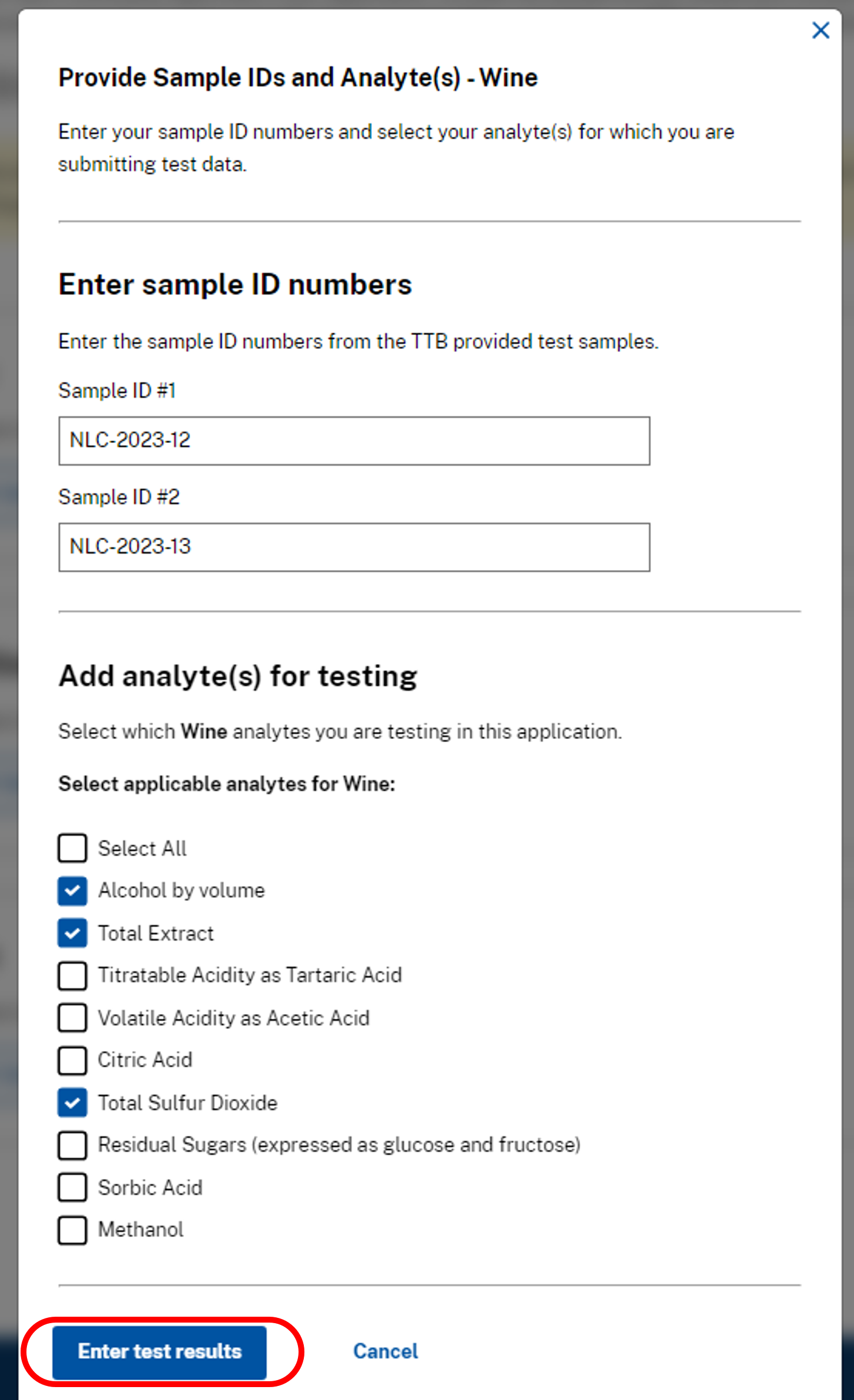 Enter test results