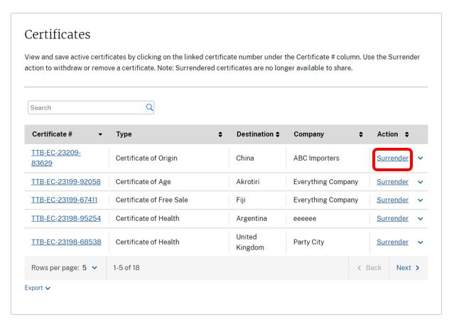 Surrender option in the export certificates list