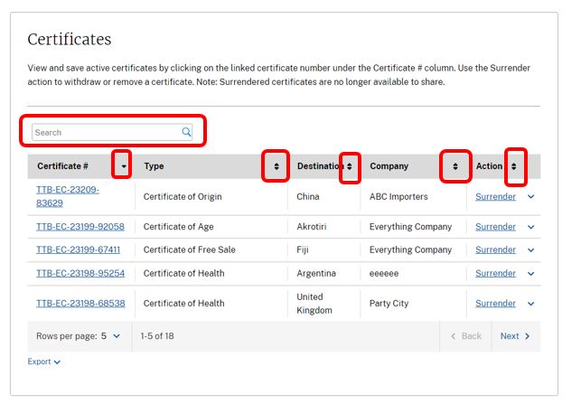 Surrender option in the export certificates database