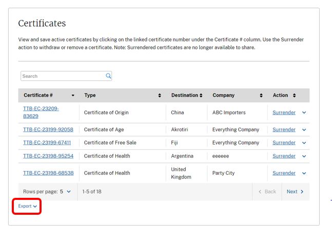 Export certificate search and export controls