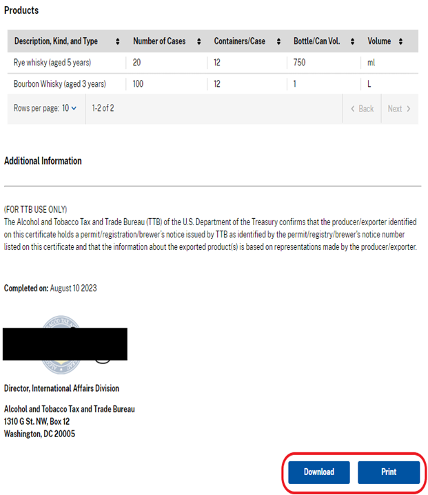 Download and Print options on the Export Certificate PDF page