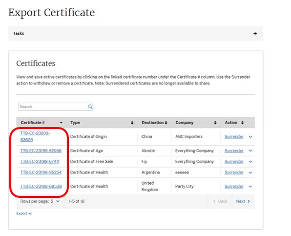 Certificate number link in the export certificates list