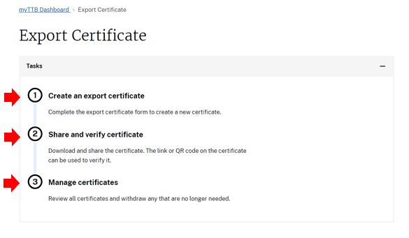 Export Certificate screen in myTTB