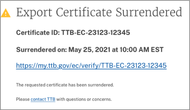 Surrendered export certificate verification screen
