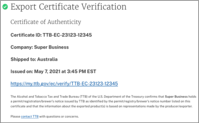 Valid export certificate verification screen