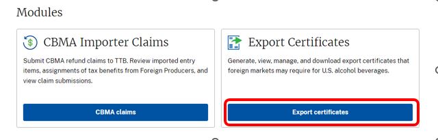 myTTB Export Certificates module