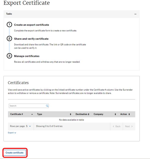 Create Certificate option on the Export Certificate screen