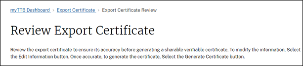 Export certificate review page