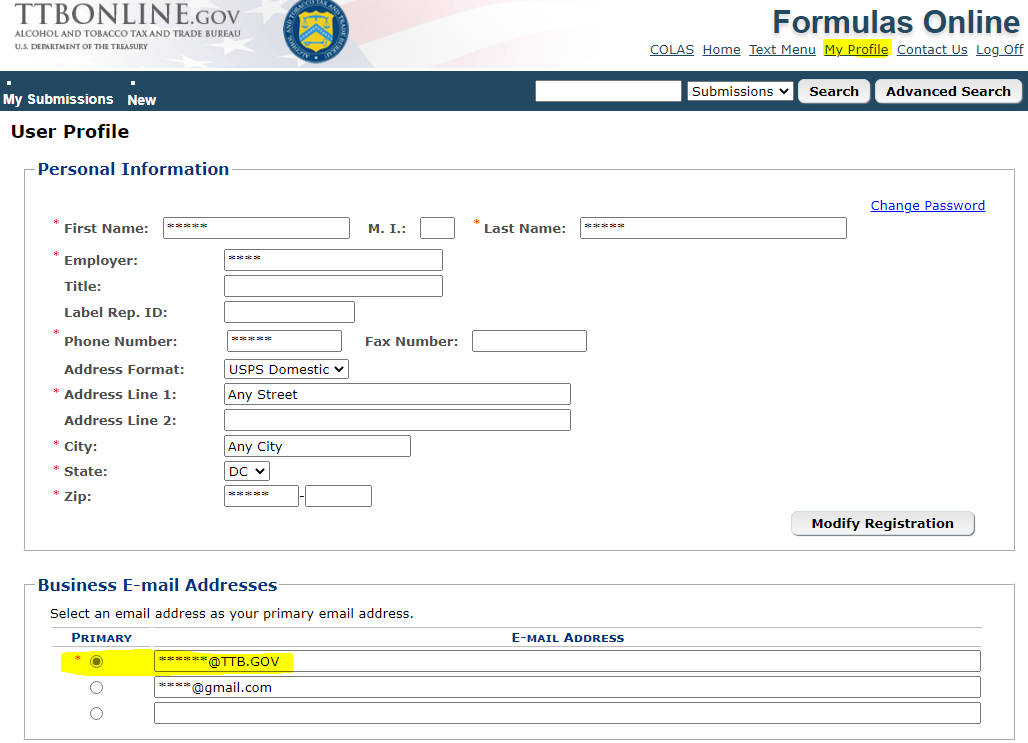 Formulas Online My Profile page with the primary business email address highlighted