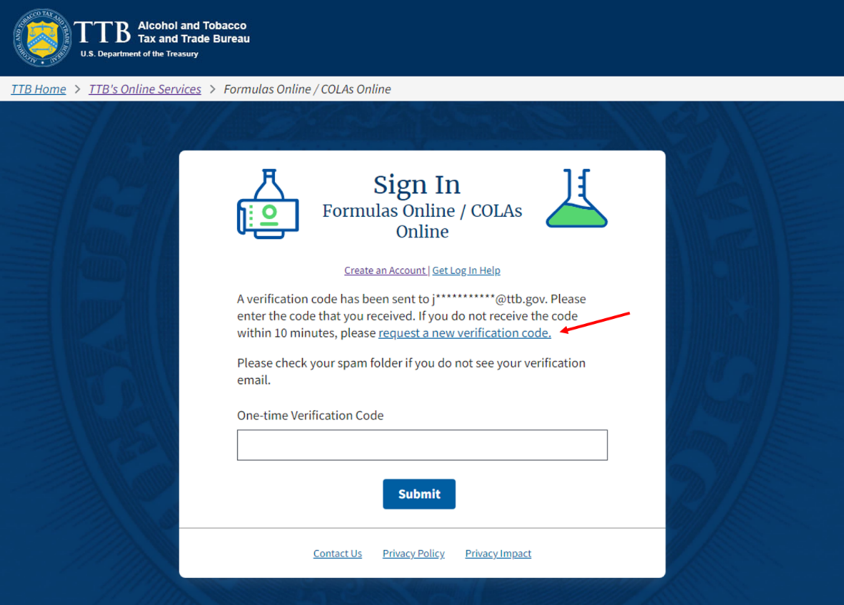One-time Verification Code screen with the request a new verification code link highlighted