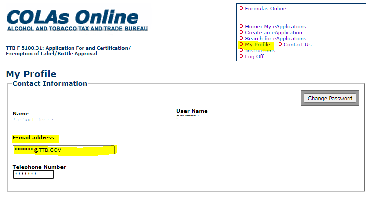 COLAs Online My Profile page with the email address highlighted