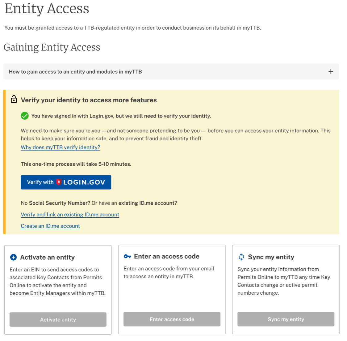 Login.gov identity verification prompt on the myTTB Entity Access page