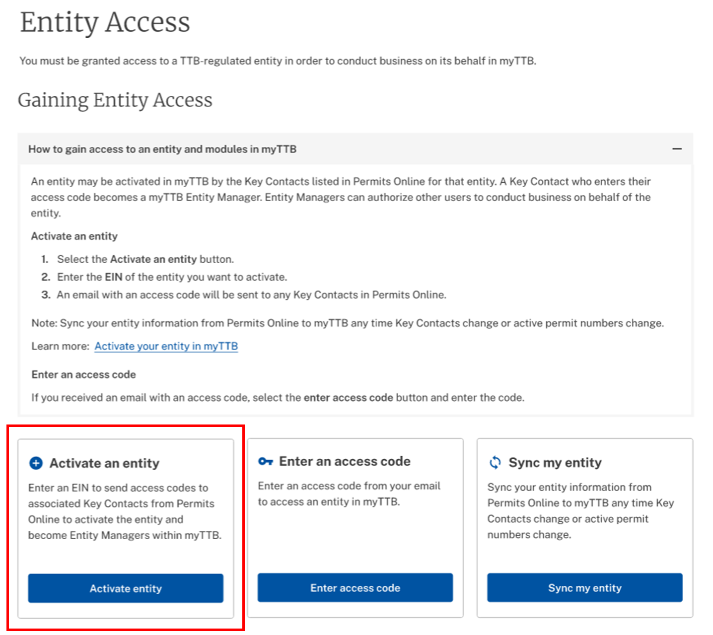 Activate an entity button on the myTTB Entity Access page