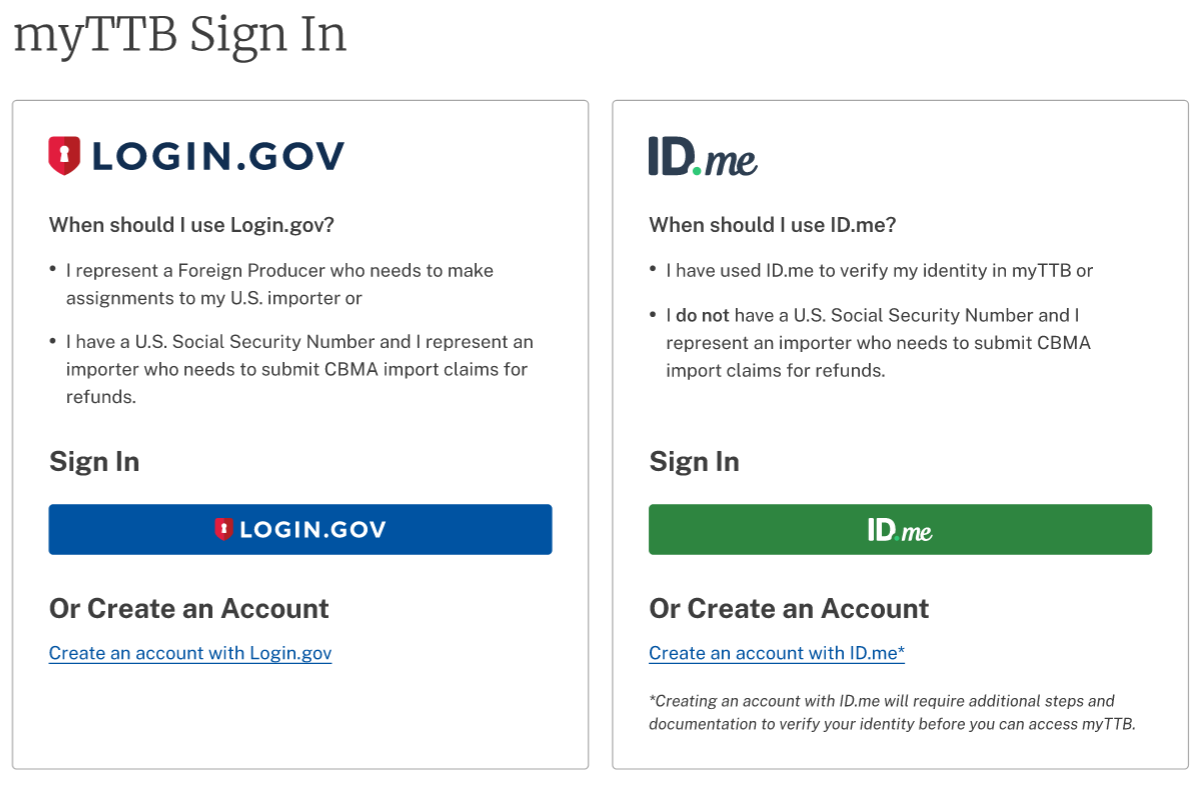 myTTB sign-in options for Login.gov and ID.me
