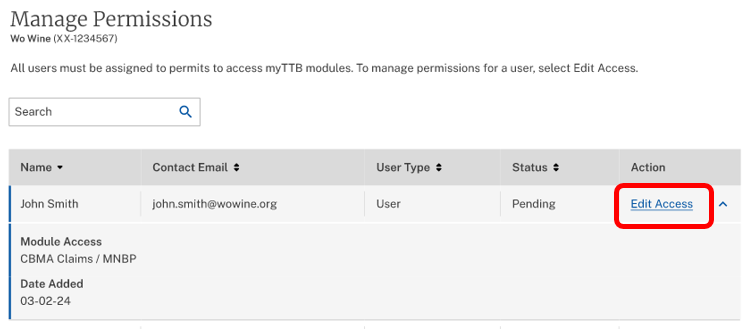 Edit Access link in the myTTB Manage Permissions table