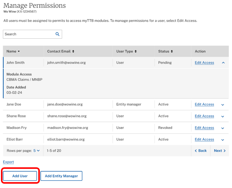 Add User button in the myTTB Manage Permissions table