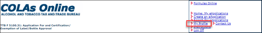 My Profile link in the COLAs Online menu