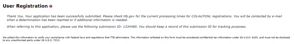 Submission Confirmation page with a submission ID