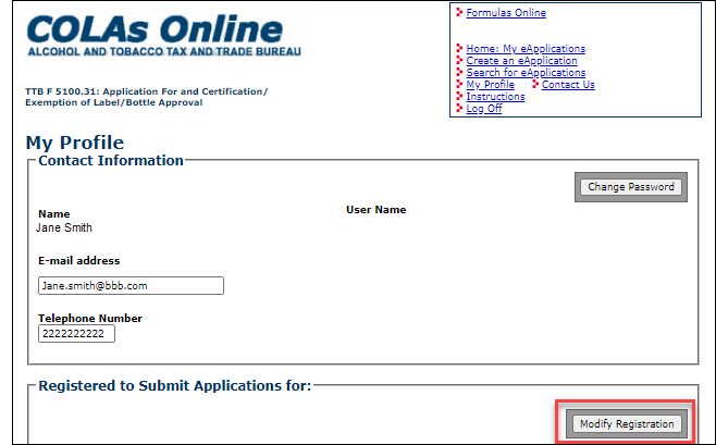 Modify Registration button on the COLAs Online My Profile screen
