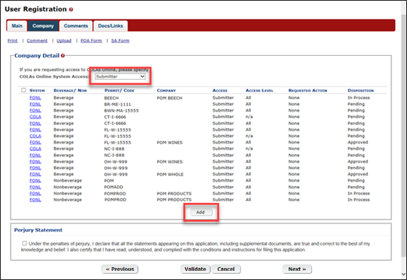 COLAs Online user registration Company tab