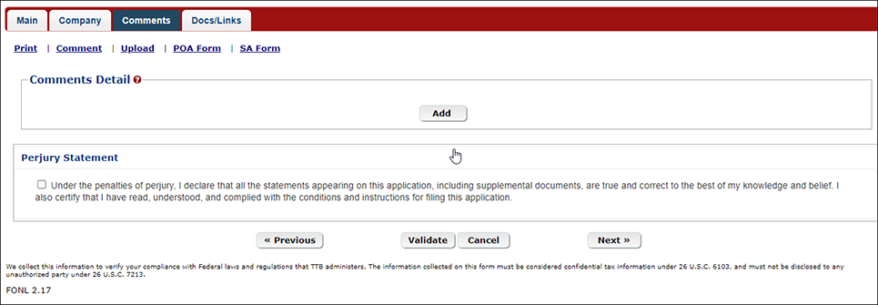 Comments tab in the COLAs Online registration
