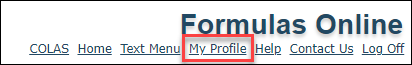 My Profile link in the Formulas Online menu