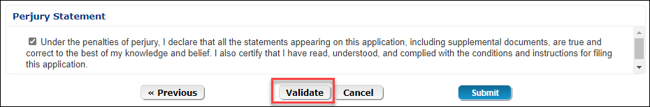 Validate button on the Formulas Online registration
