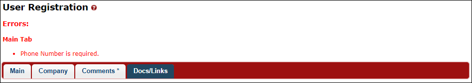 Red registration validation error message