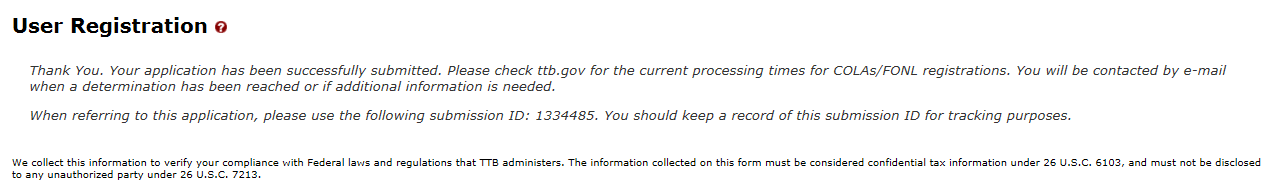 Submission Confirmation page with a submission ID