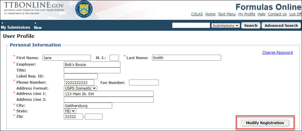 Modify Registration button on the Formulas Online My Profile screen