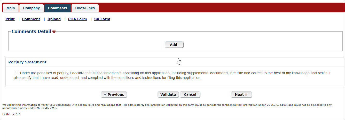 Comments tab in the Formulas Online registration