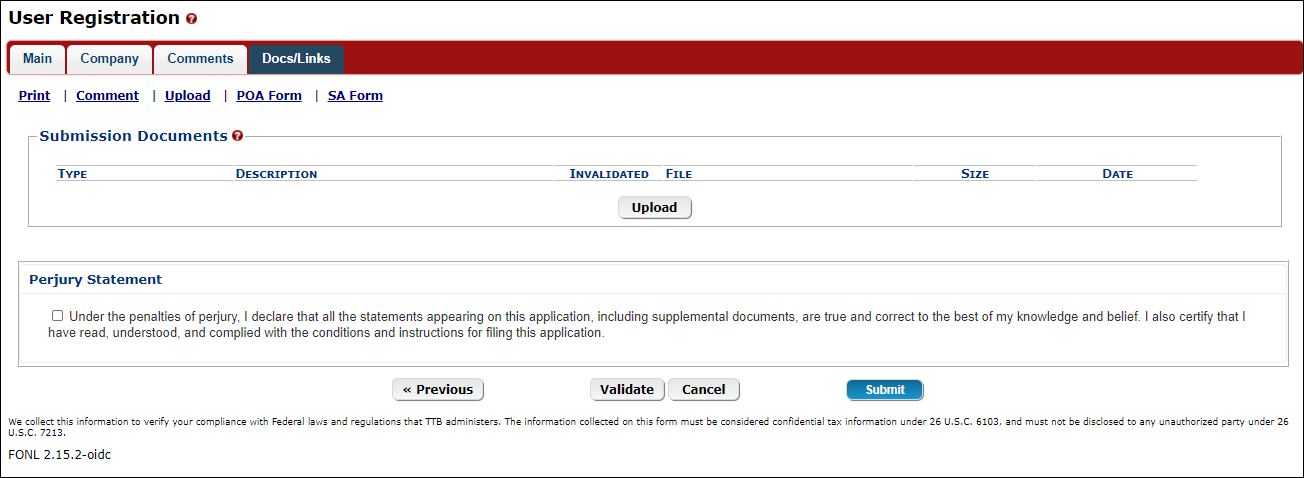 Docs/Links tab in the Formulas Online registration