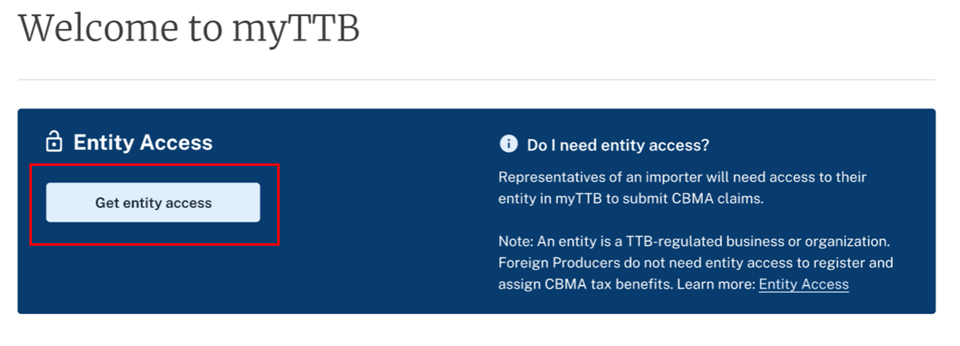 Get entity access button on the myTTB dashboard