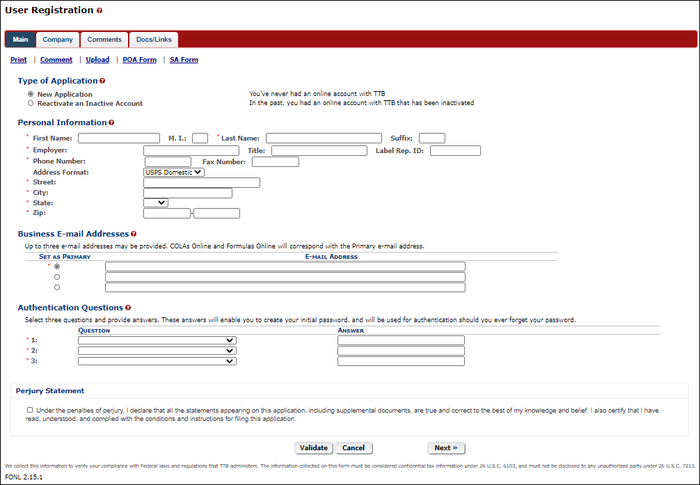New User Registration Main tab with personal information and Label Rep ID fields