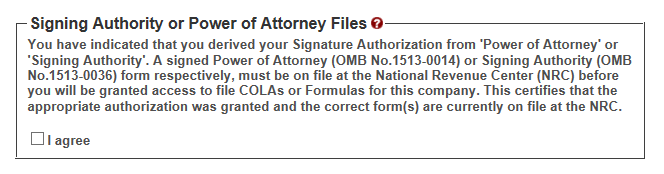 I agree checkbox for signing authority or power of attorney on file