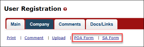 Power of Attorney and Signing Authority form links in the User Registration action bar