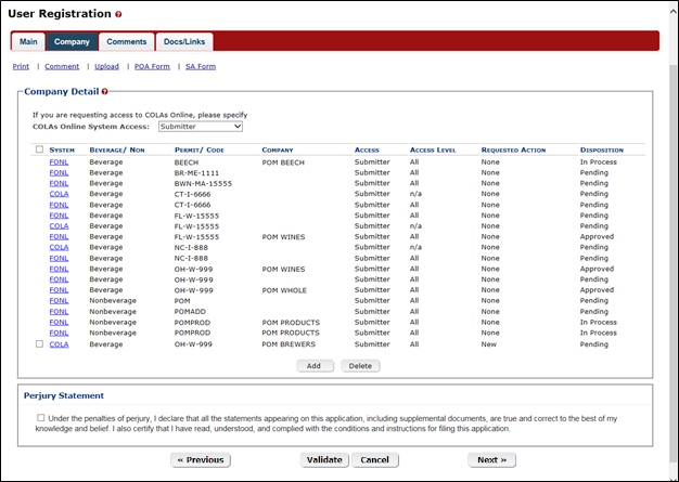 New User Registration Company tab with edit and delete controls
