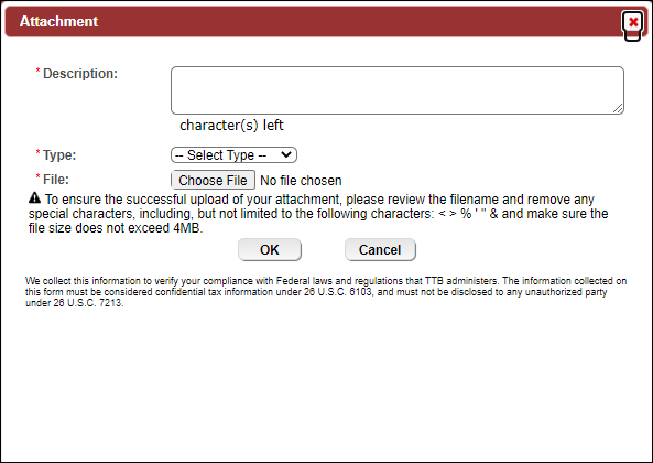 Attachment modal window with description, type, and file fields