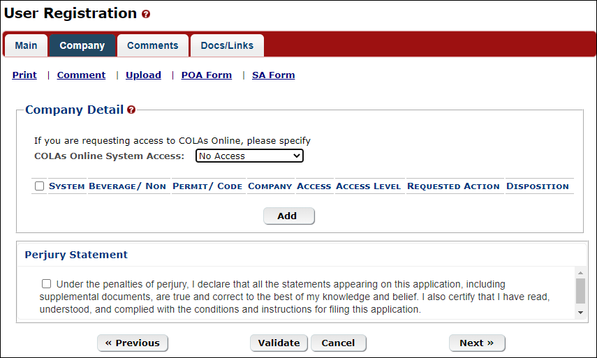New User Registration Company tab with multiple permit and system entries