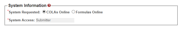 COLAs Online selected in the System Requested field