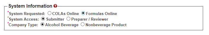 Formulas Online System Requested and System Access fields
