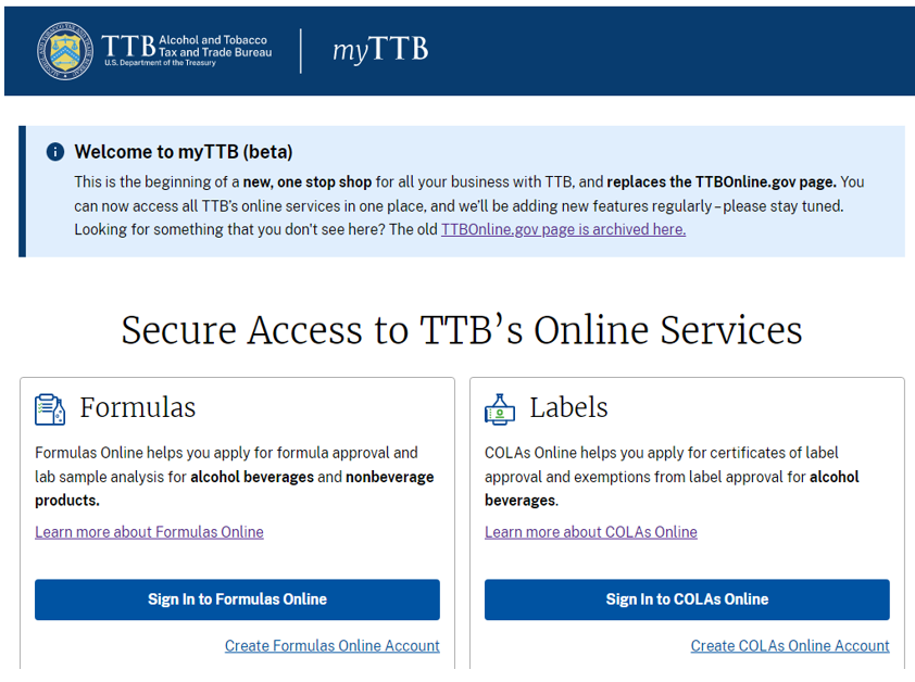 my.ttb.gov Formulas Online and COLAs Online sign-in page