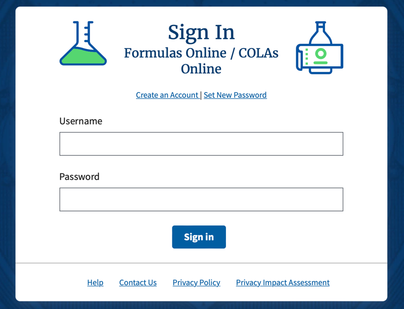 Formulas Online and COLAs Online username and password sign-in screen
