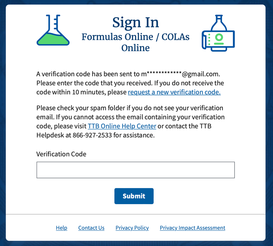 Message confirming that a one-time verification code was sent by email