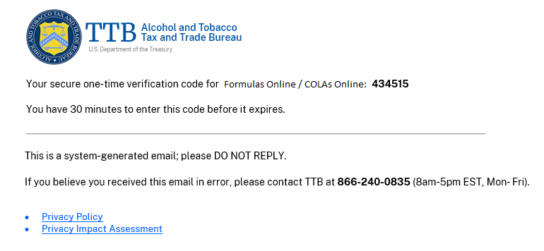 Example TTB email containing a one-time verification code