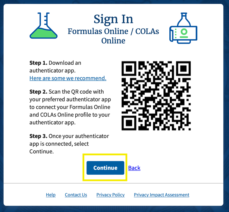 Continue button to complete authenticator app setup