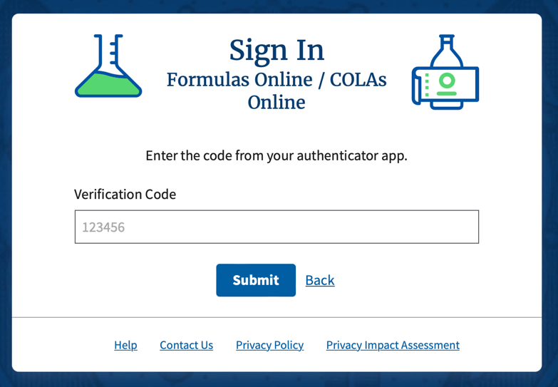 Verification Code field and Submit button for an authenticator app code